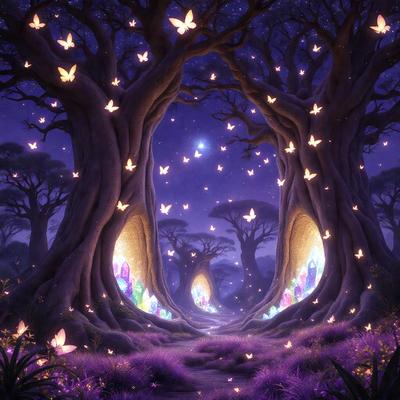 The primary subject of the image is a tree with a tunnel of lights shining through it. The tree is surrounded by a forest, and the scene is set at night. The visual style of the image is a digital art or illustration, creating a magical and enchanting atmosphere. The dominant colors in the image are purple and blue, which contribute to the overall mood of the scene.